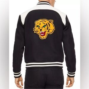 Sandro Tiger Varsity Jacket Black White Wool Leather Mens Size Small S *